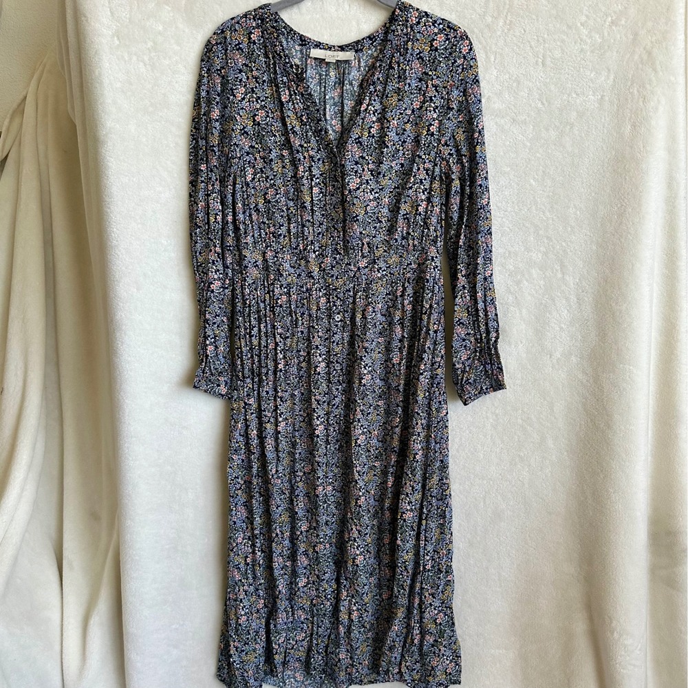 LOFT Floral Ditsy Button Front Midi Dress Long Sleeve Navy Women's Size‎ 8